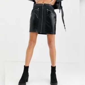 Noisy May Mini Skirt Black Faux Snakeskin Leather Velvet Front Zip XS